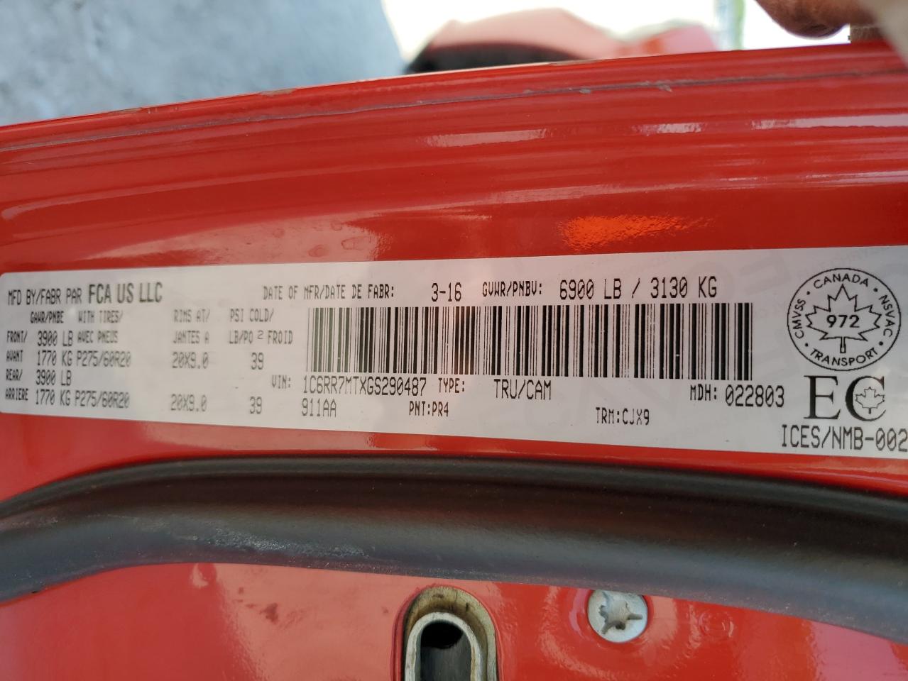 2016 Ram 1500 Sport VIN: 1C6RR7MTXGS290487 Lot: 58829485