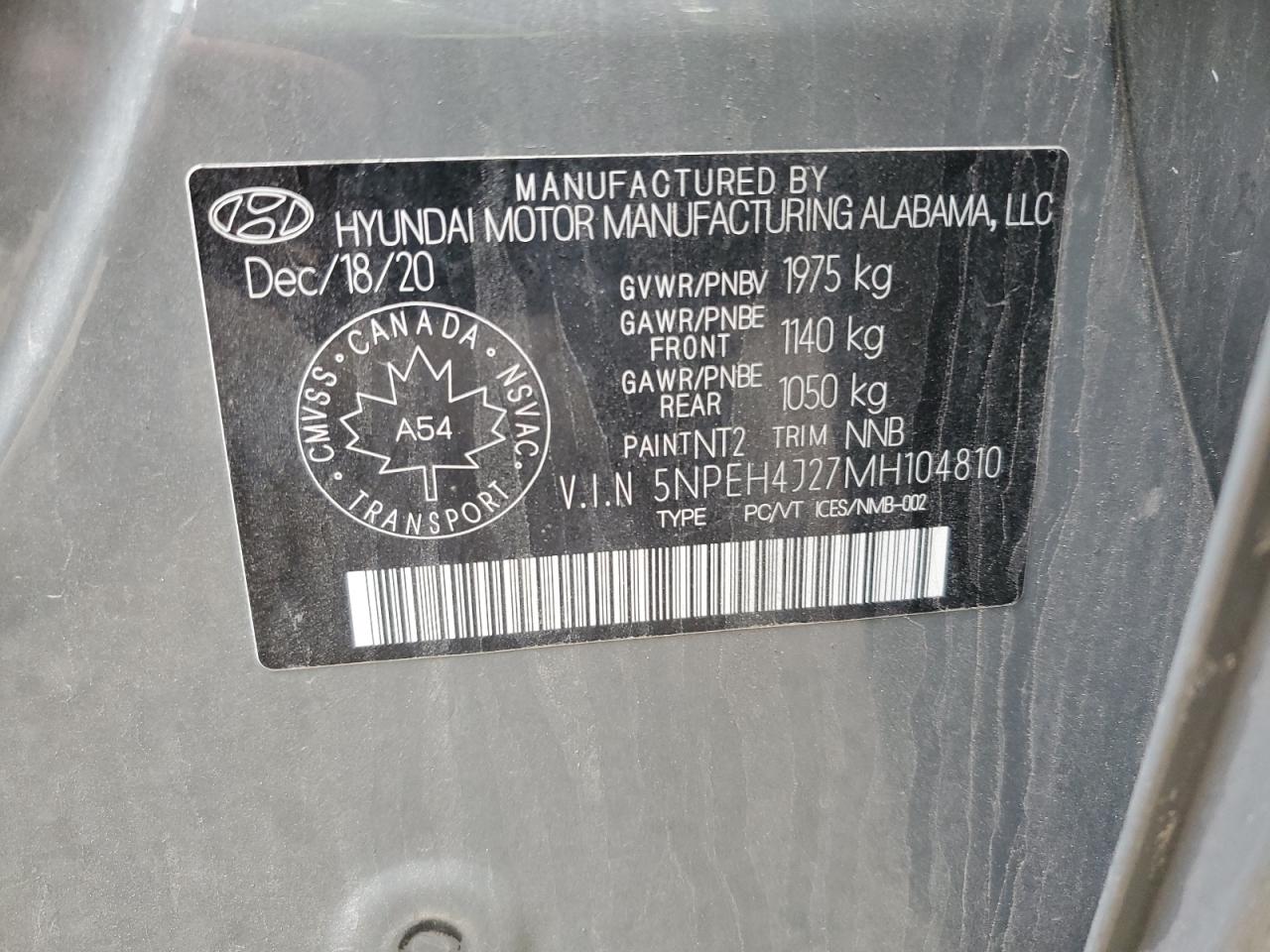 2021 Hyundai Sonata Limited VIN: 5NPEH4J27MH104810 Lot: 59932235