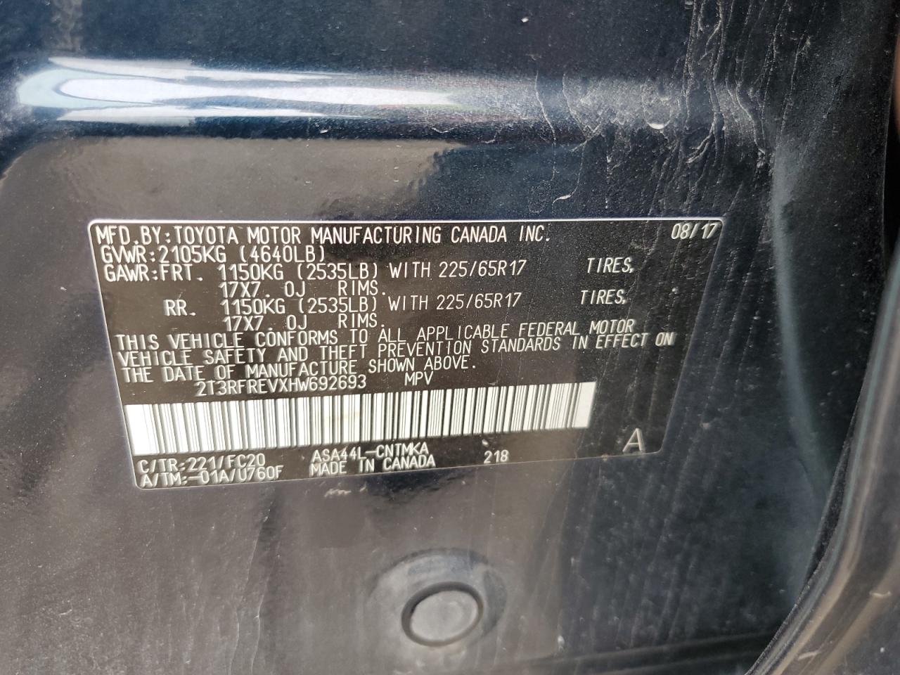 2017 Toyota Rav4 Xle VIN: 2T3RFREVXHW692693 Lot: 59981225