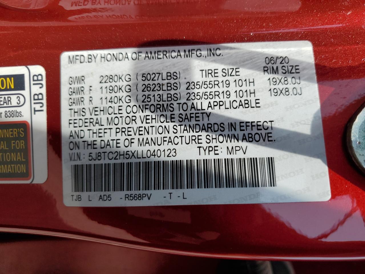 2020 Acura Rdx Technology VIN: 5J8TC2H5XLL040123 Lot: 61658235