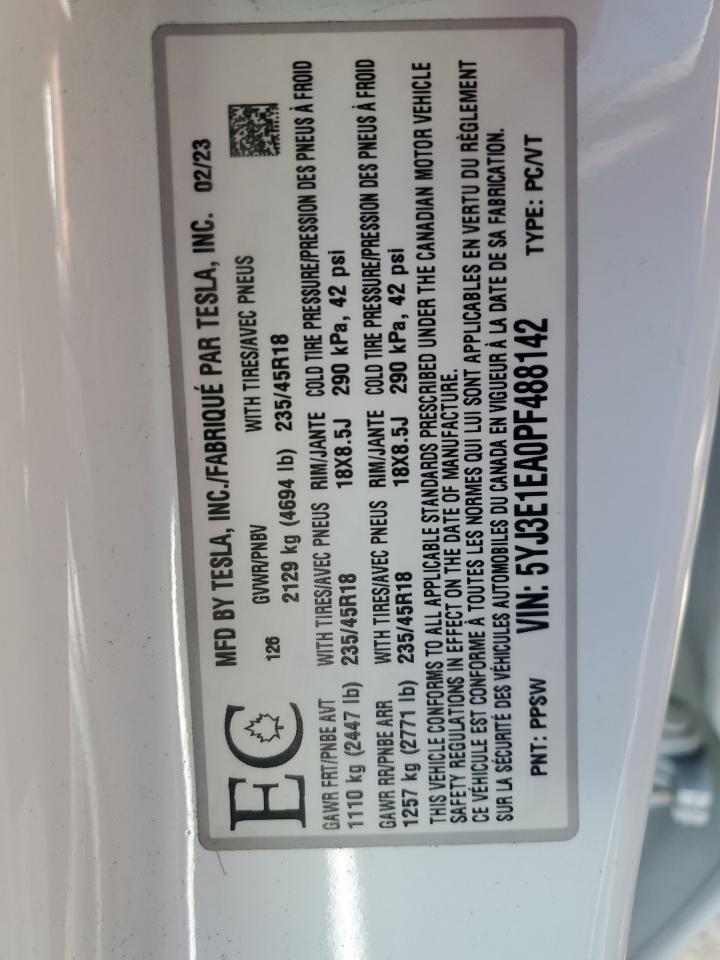 2023 Tesla Model 3 VIN: 5YJ3E1EA0PF488142 Lot: 62705225