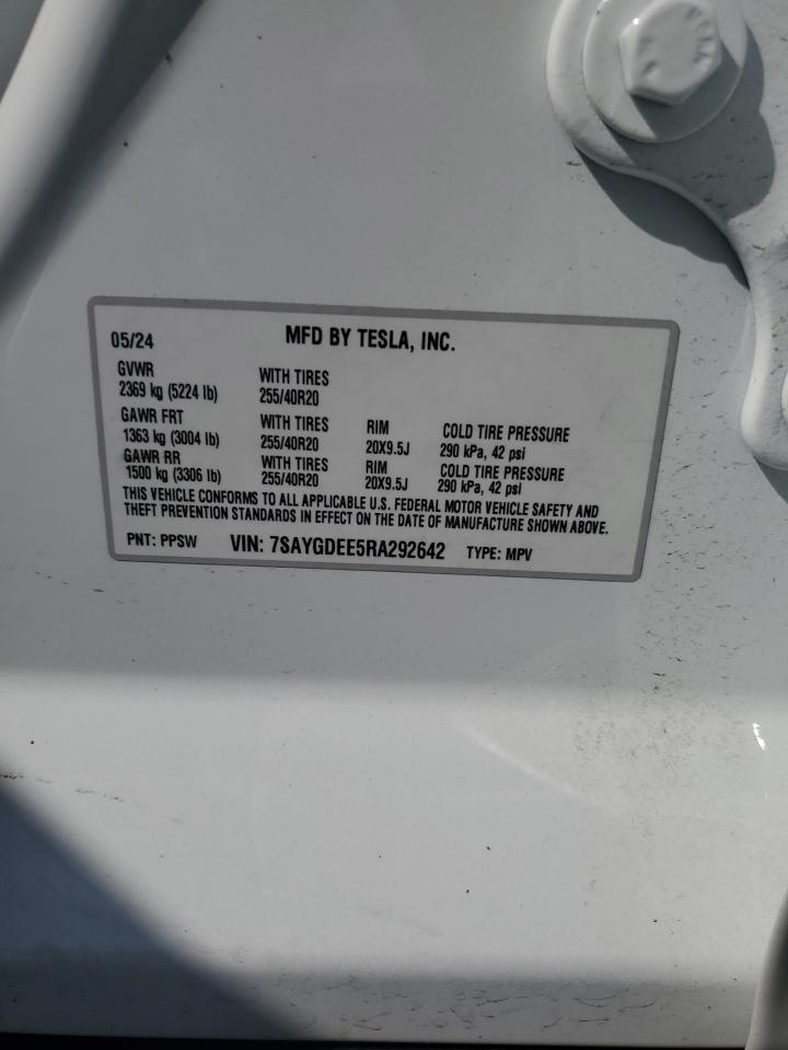 2024 Tesla Model Y VIN: 7SAYGDEE5RA292642 Lot: 61640705