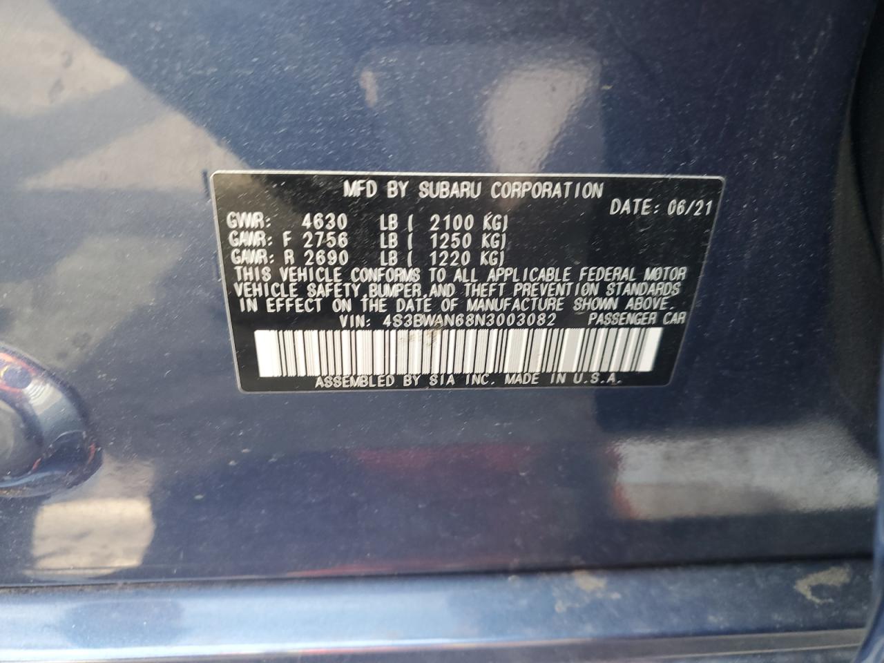 2022 Subaru Legacy Limited VIN: 4S3BWAN68N3003082 Lot: 60830365