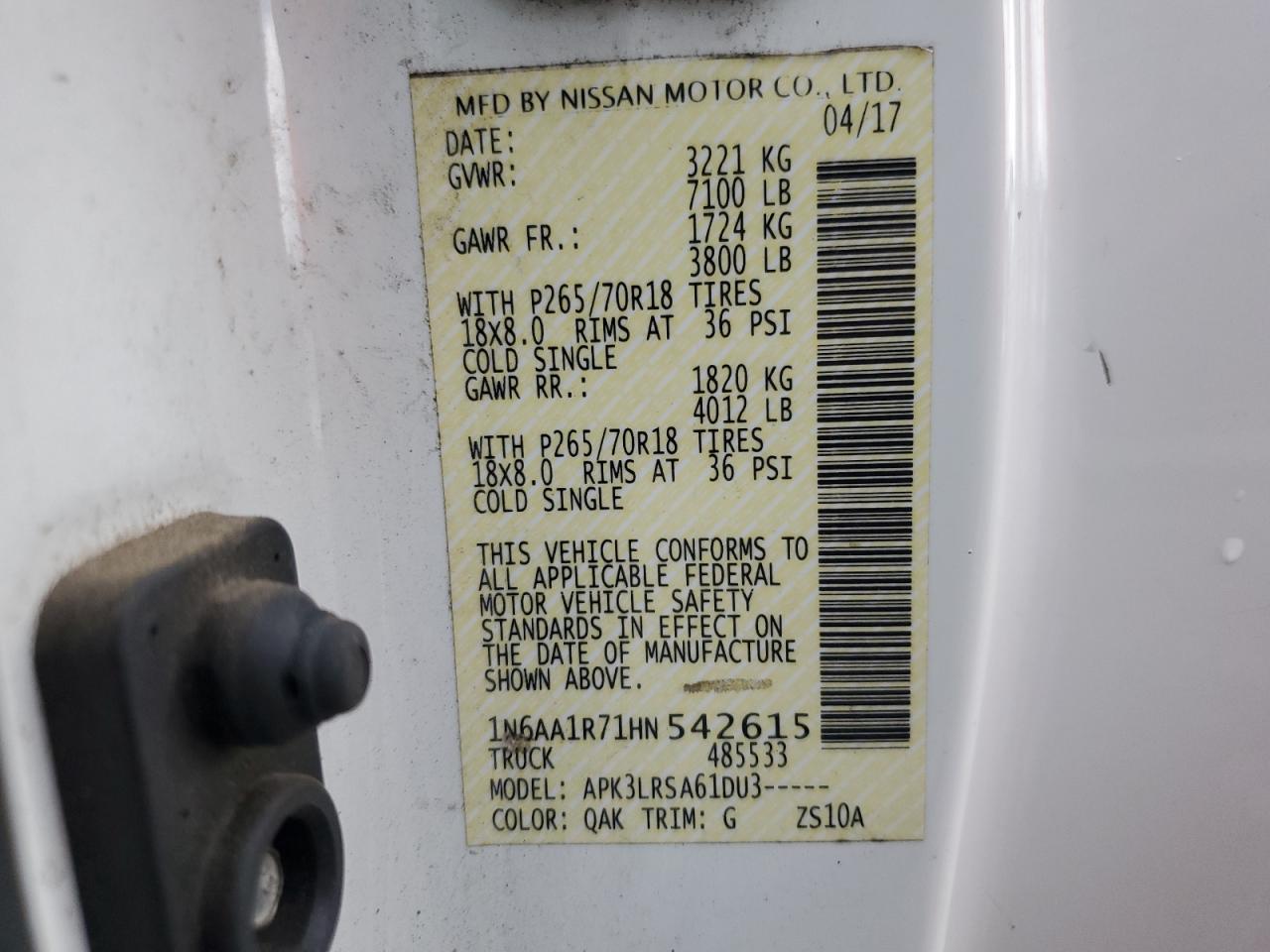 2017 Nissan Titan S VIN: 1N6AA1R71HN542615 Lot: 62987865