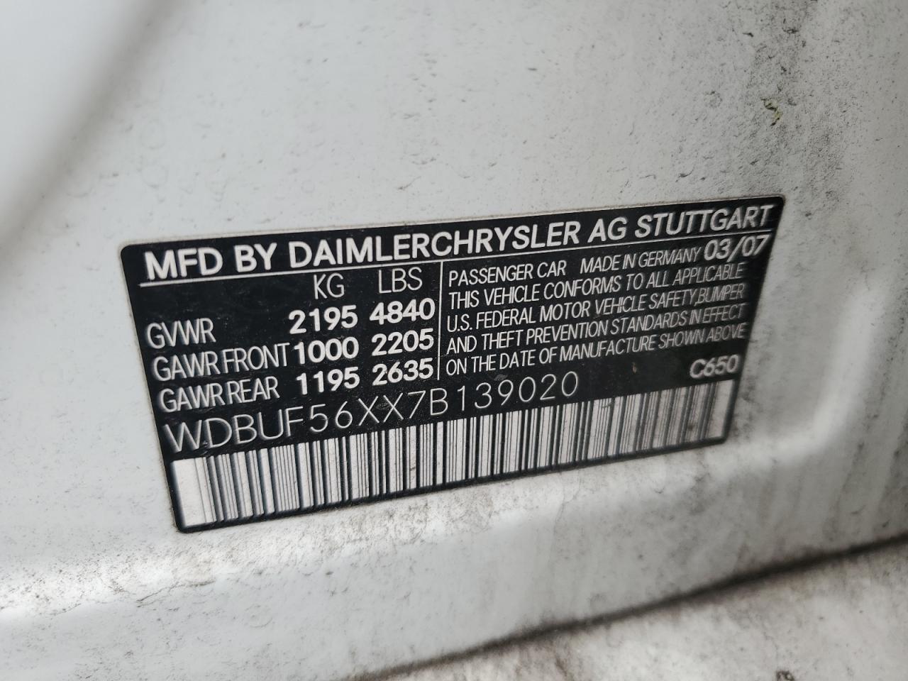 2007 Mercedes-Benz E 350 VIN: WDBUF56XX7B139020 Lot: 61685435