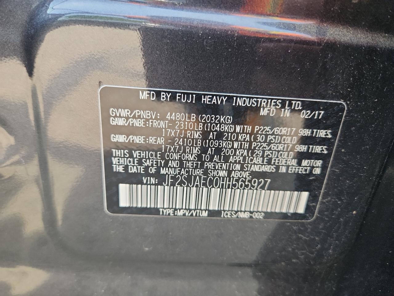 2017 Subaru Forester 2.5I Premium VIN: JF2SJAEC0HH565927 Lot: 59270445