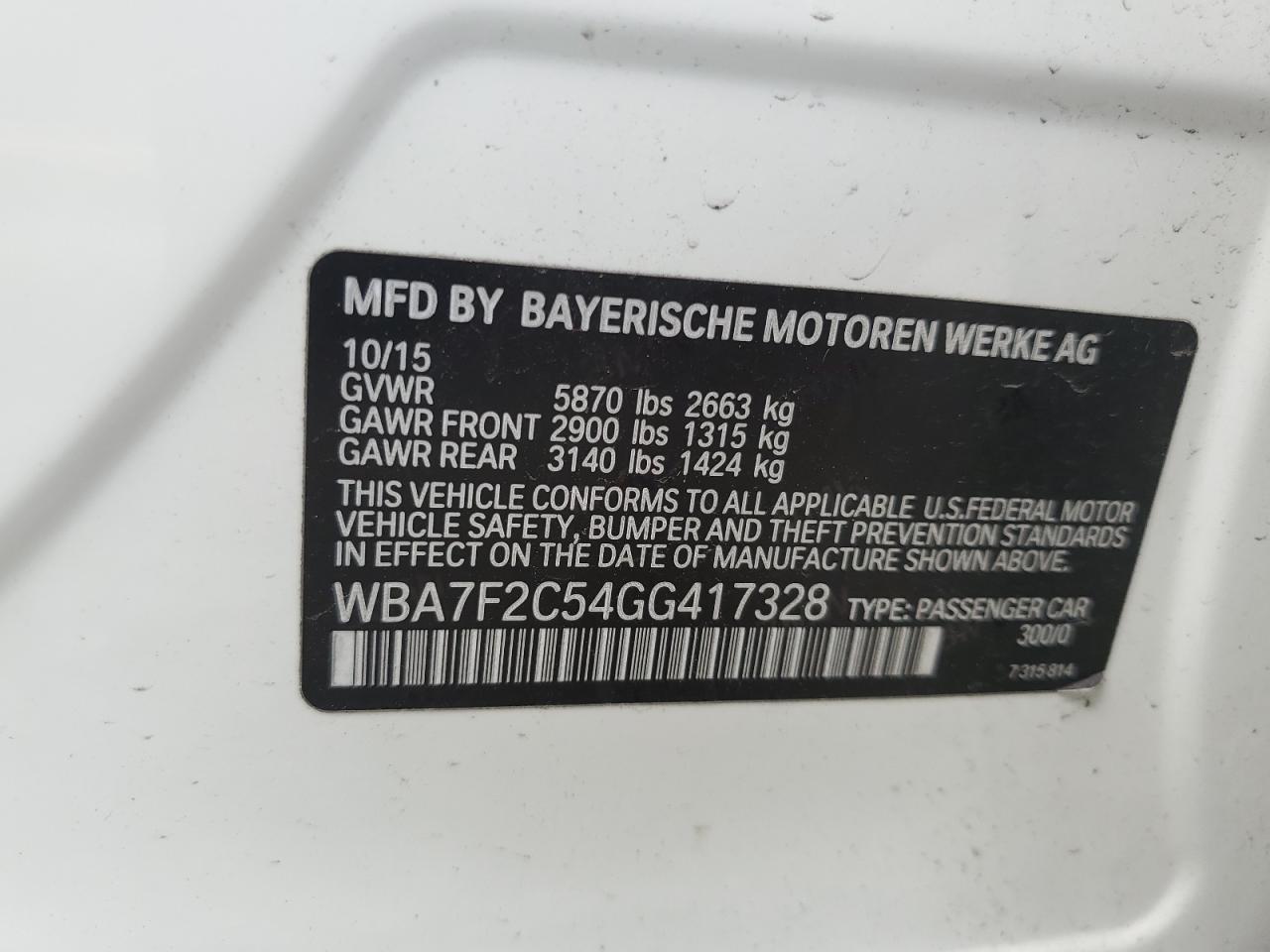 2016 BMW 750 Xi VIN: WBA7F2C54GG417328 Lot: 52791035