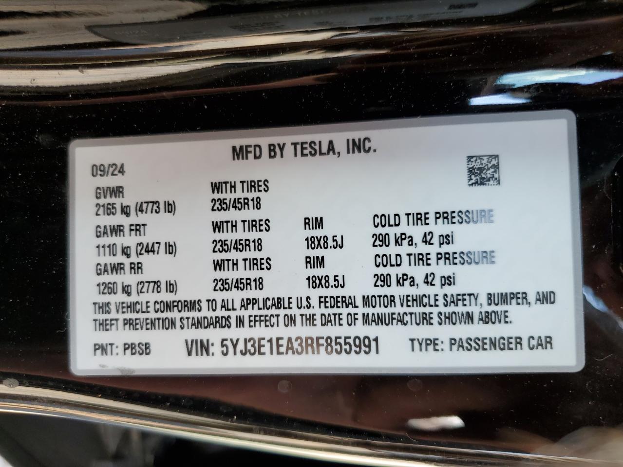 TESLA MODEL 3 2024 VIN 5YJ3E1EA3RF855991 zdjęcie 13