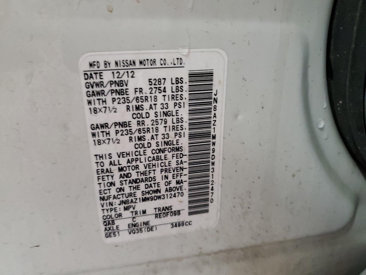 2013 Nissan Murano S VIN: JN8AZ1MW9DW312470 Lot: 60757515