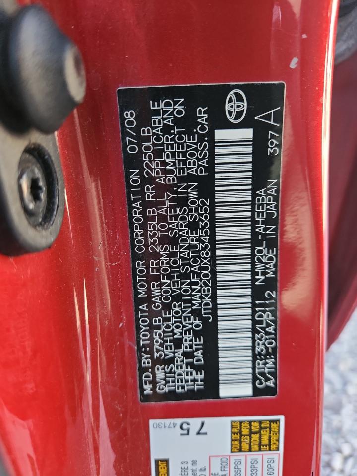 2008 Toyota Prius VIN: JTDKB20UX83453652 Lot: 61163855