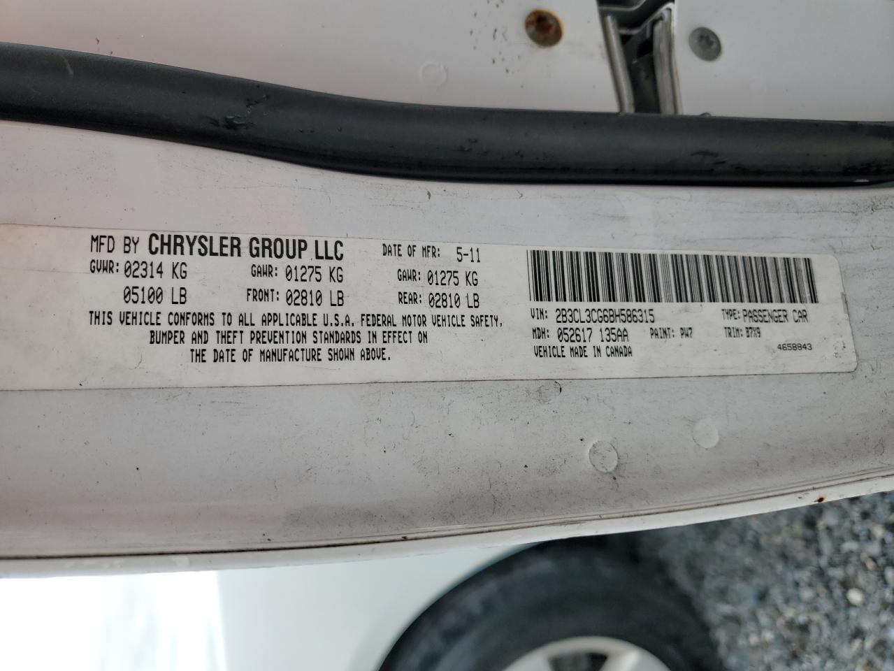 2011 Dodge Charger VIN: 2B3CL3CG6BH586315 Lot: 62893705