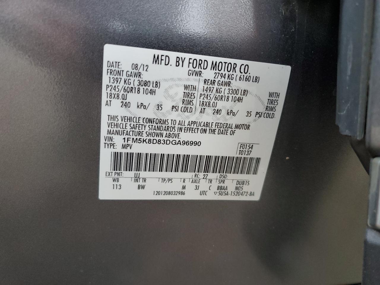 2013 Ford Explorer Xlt VIN: 1FM5K8D83DGA96990 Lot: 62581665