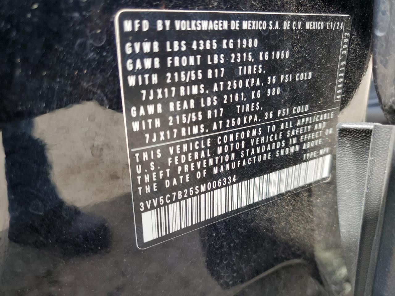 2025 Volkswagen Taos S VIN: 3VV5C7B25SM006334 Lot: 61466095