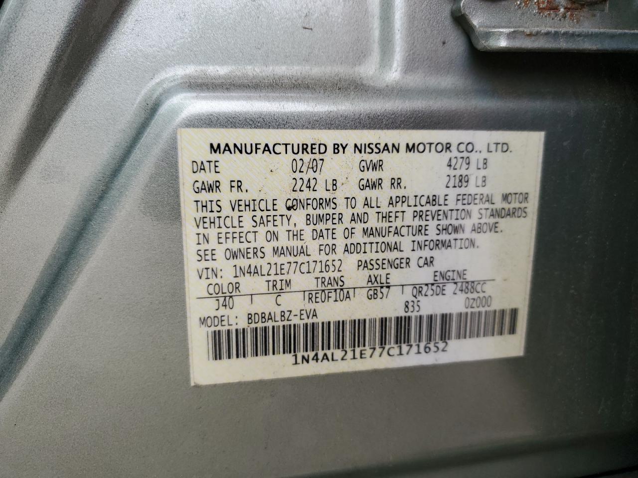 NISSAN ALTIMA 2011 VIN 1N4AL21E77C171652 zdjęcie 12