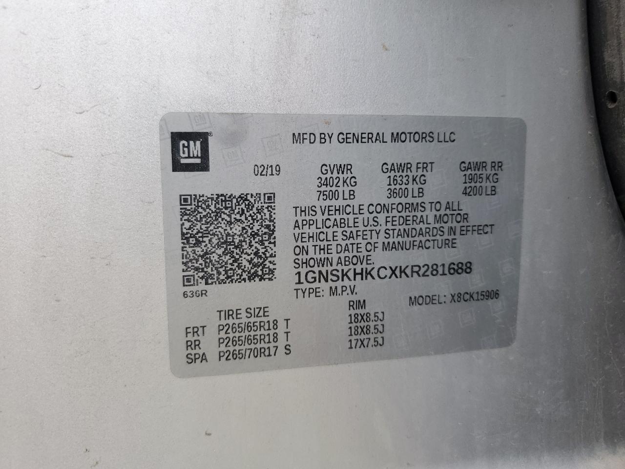 2019 Chevrolet Suburban K1500 Lt VIN: 1GNSKHKCXKR281688 Lot: 62031335
