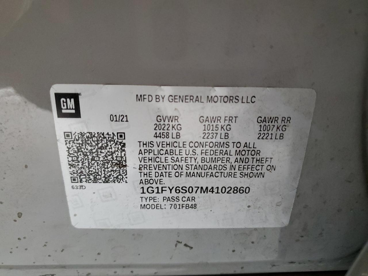 2021 Chevrolet Bolt Ev Lt VIN: 1G1FY6S07M4102860 Lot: 62397165