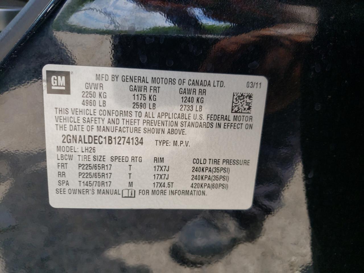 2011 Chevrolet Equinox Lt VIN: 2GNALDEC1B1274134 Lot: 62530825