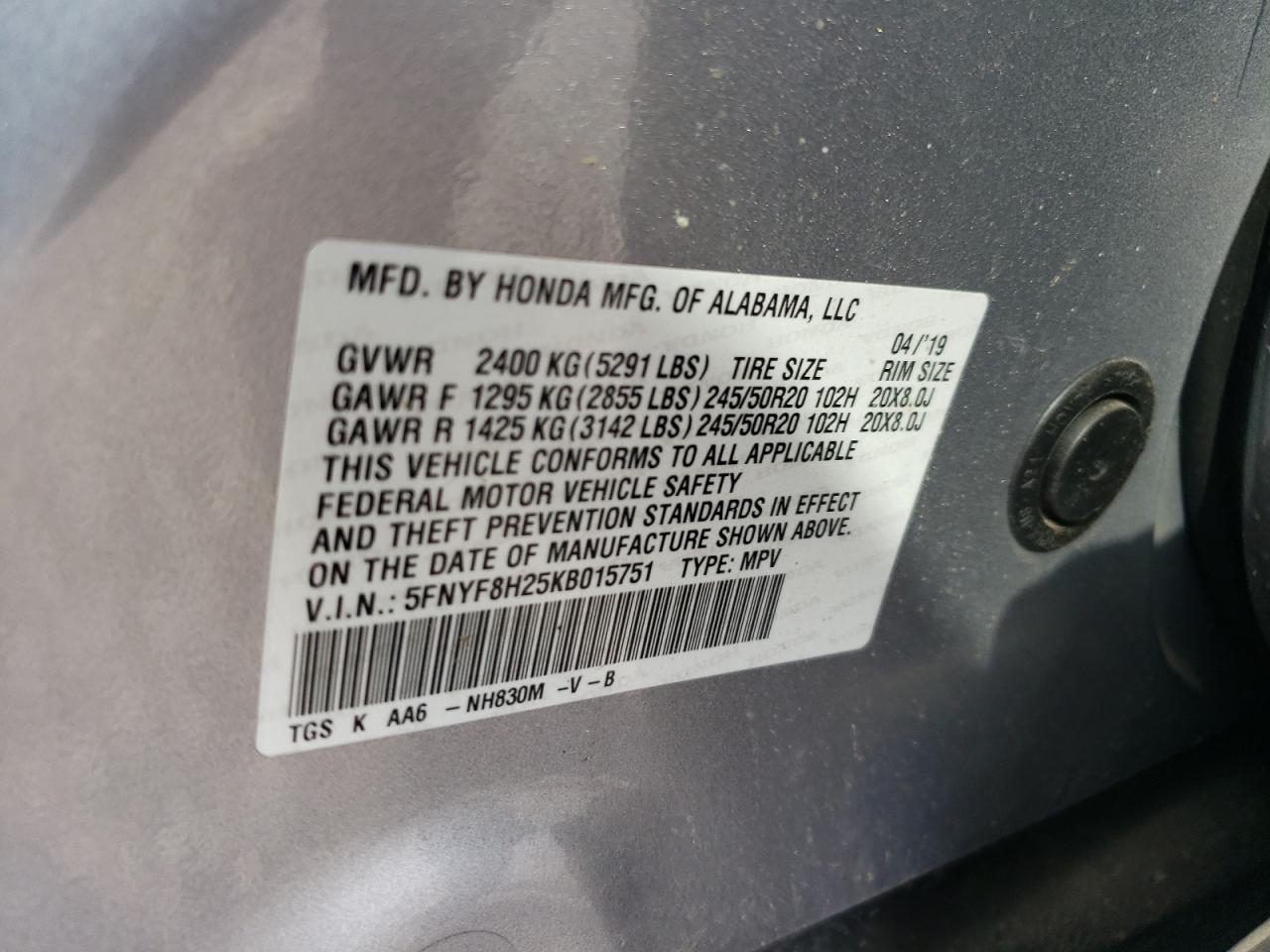 2019 Honda Passport Sport VIN: 5FNYF8H25KB015751 Lot: 62548695