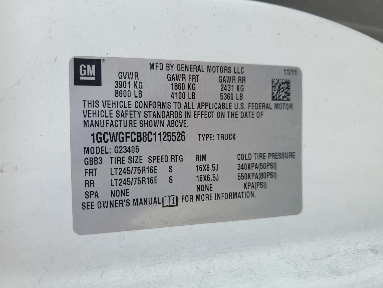 2012 Chevrolet Express G2500 VIN: 1GCWGFCB8C1125526 Lot: 61048895