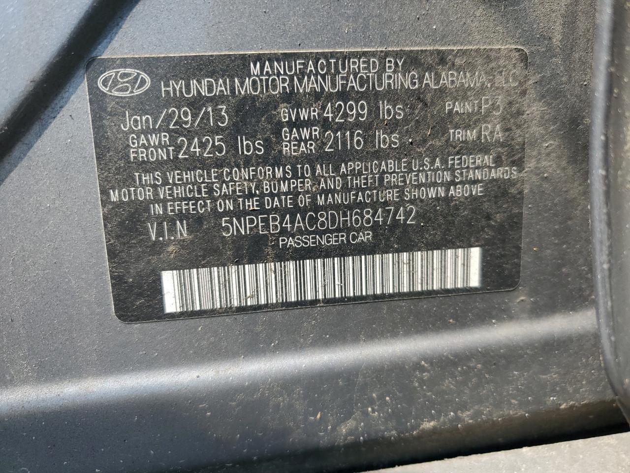 2013 Hyundai Sonata Gls VIN: 5NPEB4AC8DH684742 Lot: 60138165