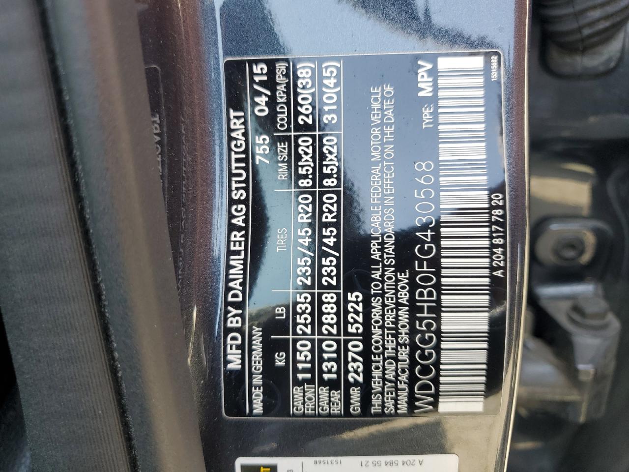 2015 Mercedes-Benz Glk 350 VIN: WDCGG5HB0FG430568 Lot: 59709715