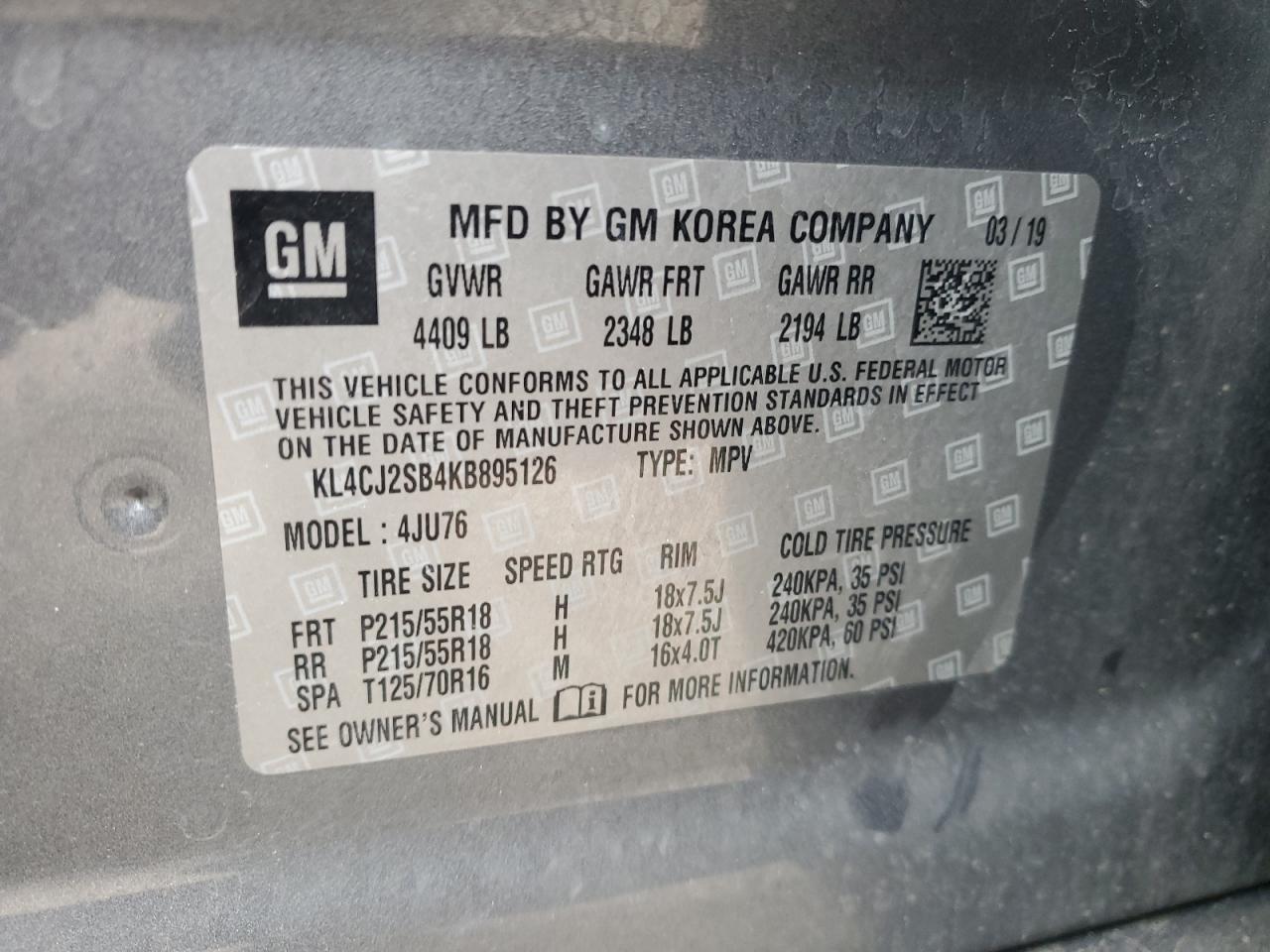 2019 Buick Encore Sport Touring VIN: KL4CJ2SB4KB895126 Lot: 60454065