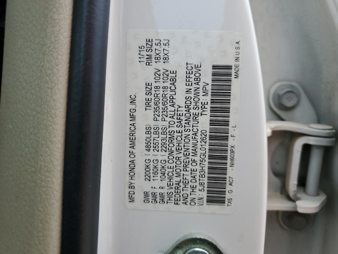 2016 Acura Rdx Advance VIN: 5J8TB3H75GL012620 Lot: 62848425