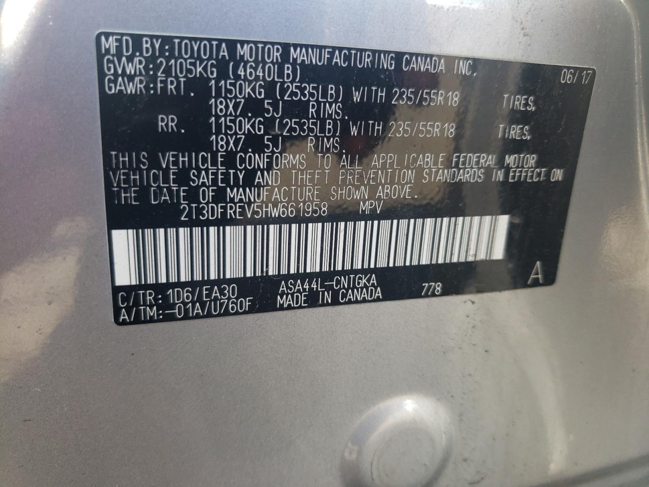 2017 Toyota Rav4 Limited VIN: 2T3DFREV5HW661958 Lot: 61678405