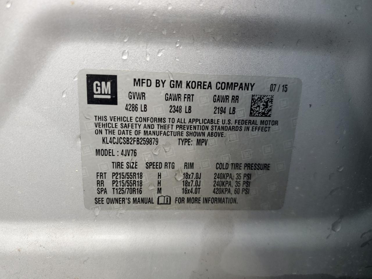 2015 Buick Encore VIN: KL4CJCSB2FB259879 Lot: 63032295
