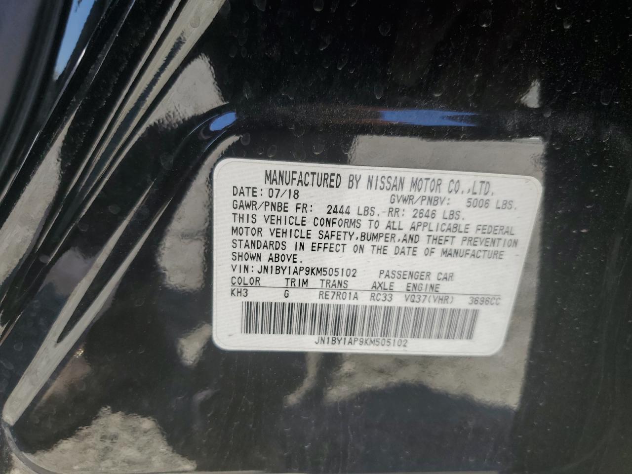 2019 Infiniti Q70 3.7 Luxe VIN: JN1BY1AP9KM505102 Lot: 61176205