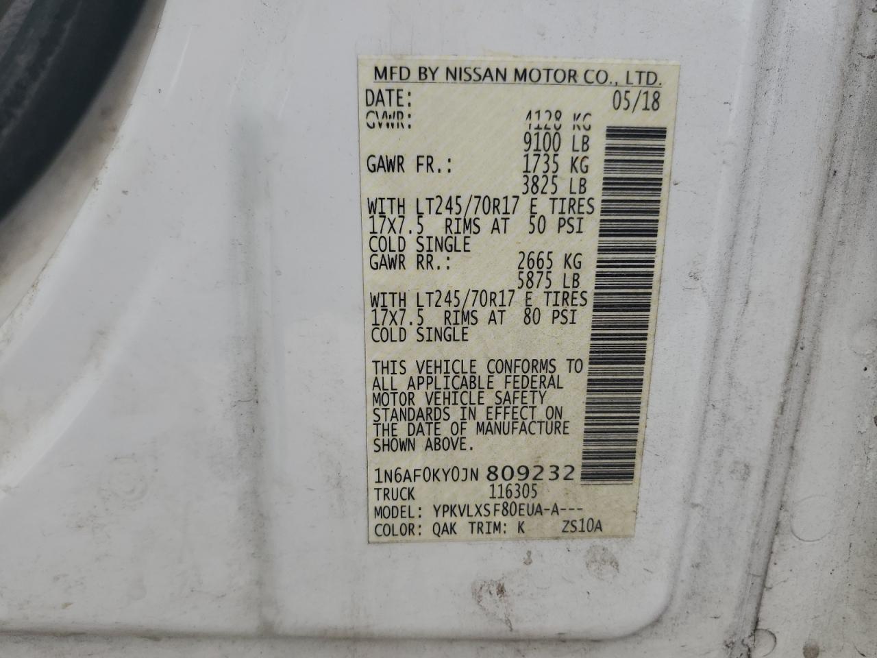 2018 Nissan Nv 2500 S VIN: 1N6AF0KY0JN809232 Lot: 61227695