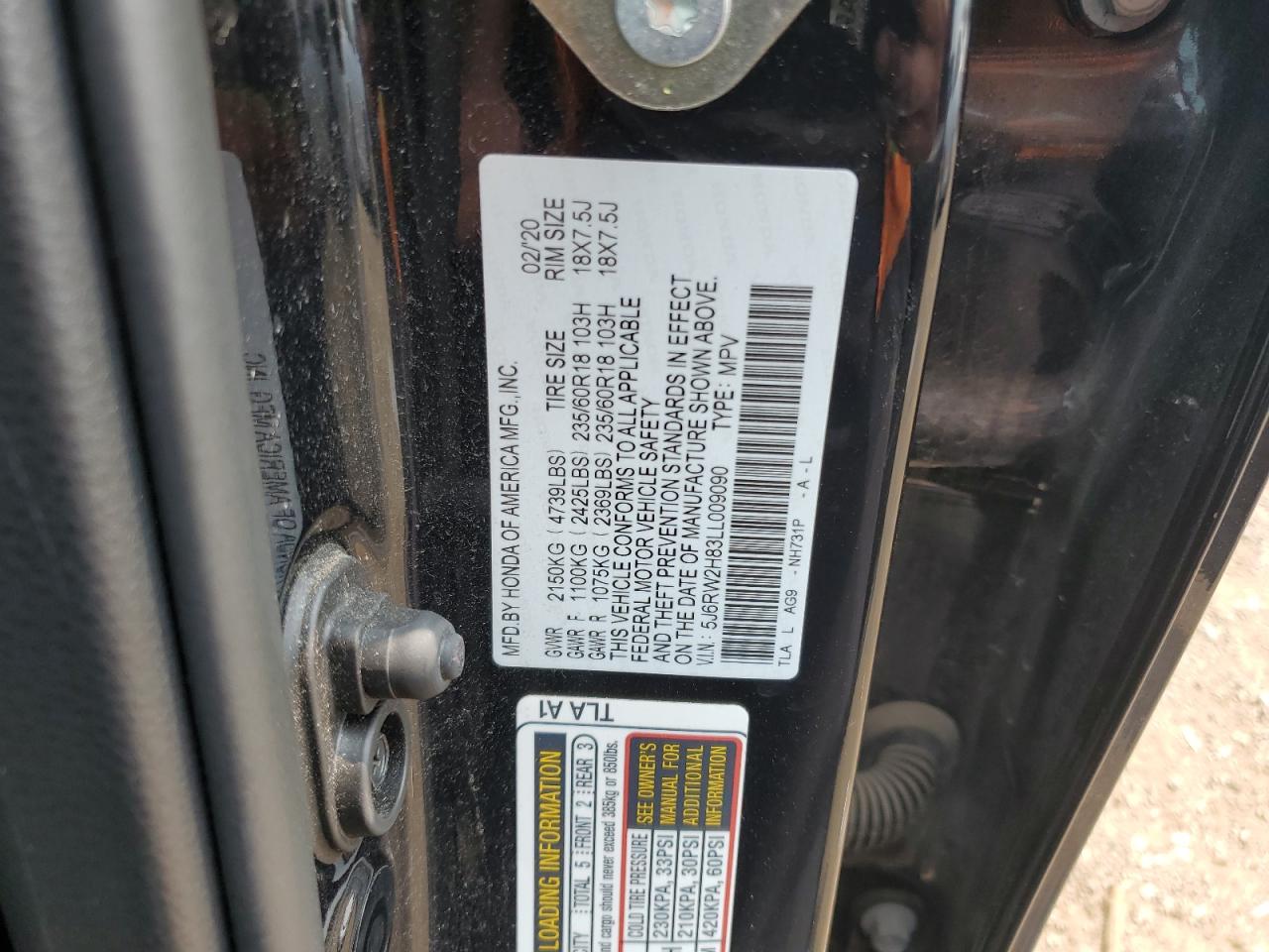 2020 Honda Cr-V Exl VIN: 5J6RW2H83LL009090 Lot: 60434505