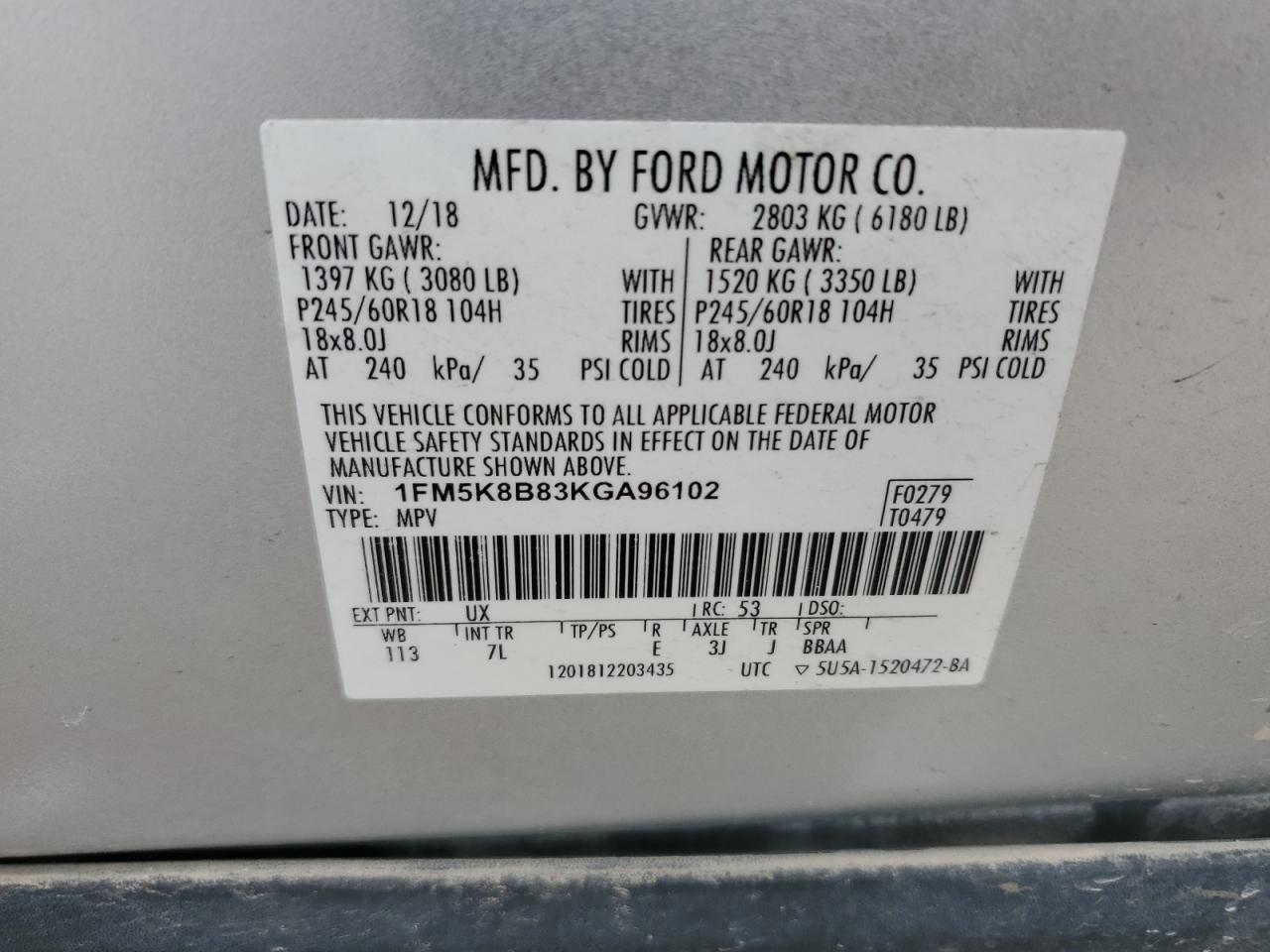 2019 Ford Explorer VIN: 1FM5K8B83KGA96102 Lot: 62649905