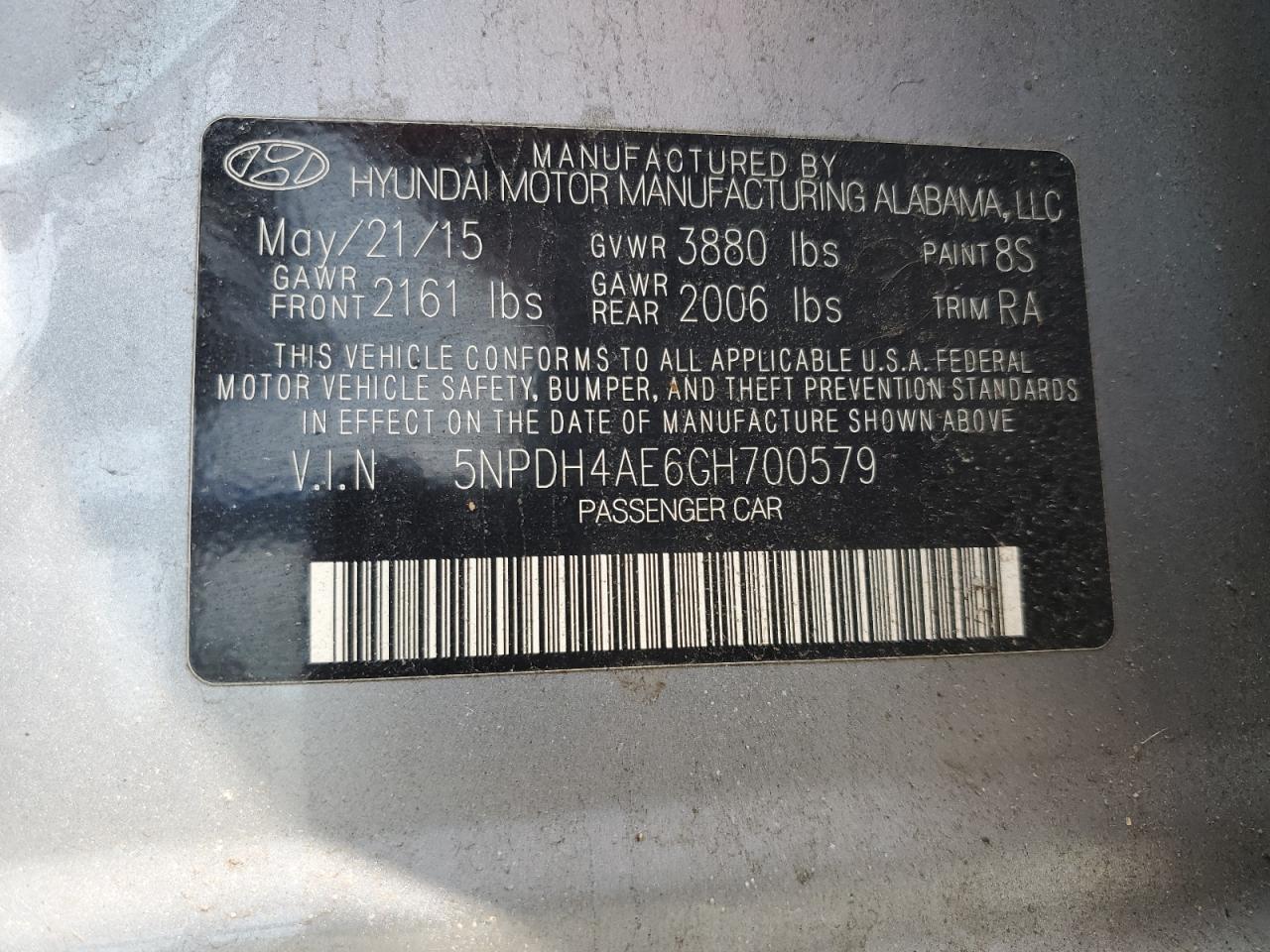 5NPDH4AE6GH700579 HYUNDAI ELANTRA 2016