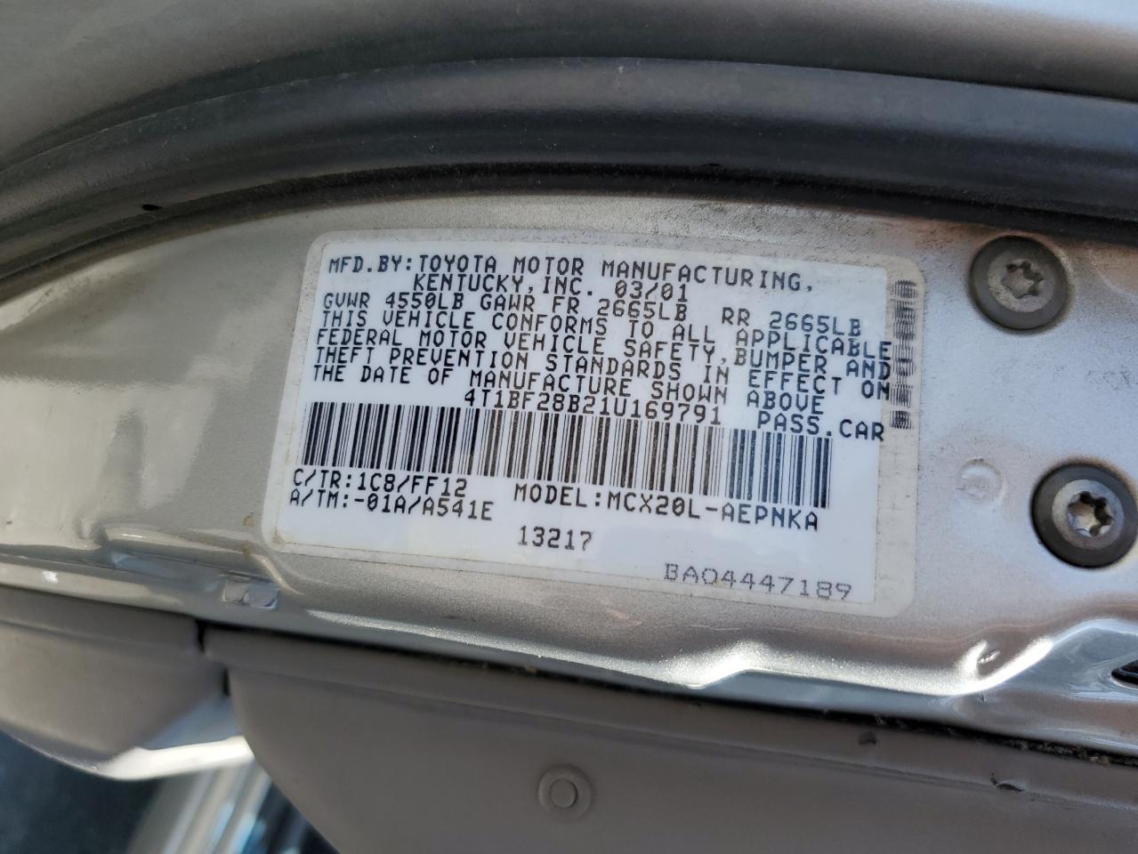 2001 Toyota Avalon Xl VIN: 4T1BF28B21U169791 Lot: 61186935