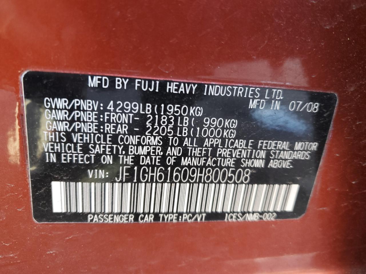 2009 Subaru Impreza 2.5I VIN: JF1GH61609H800508 Lot: 62018655