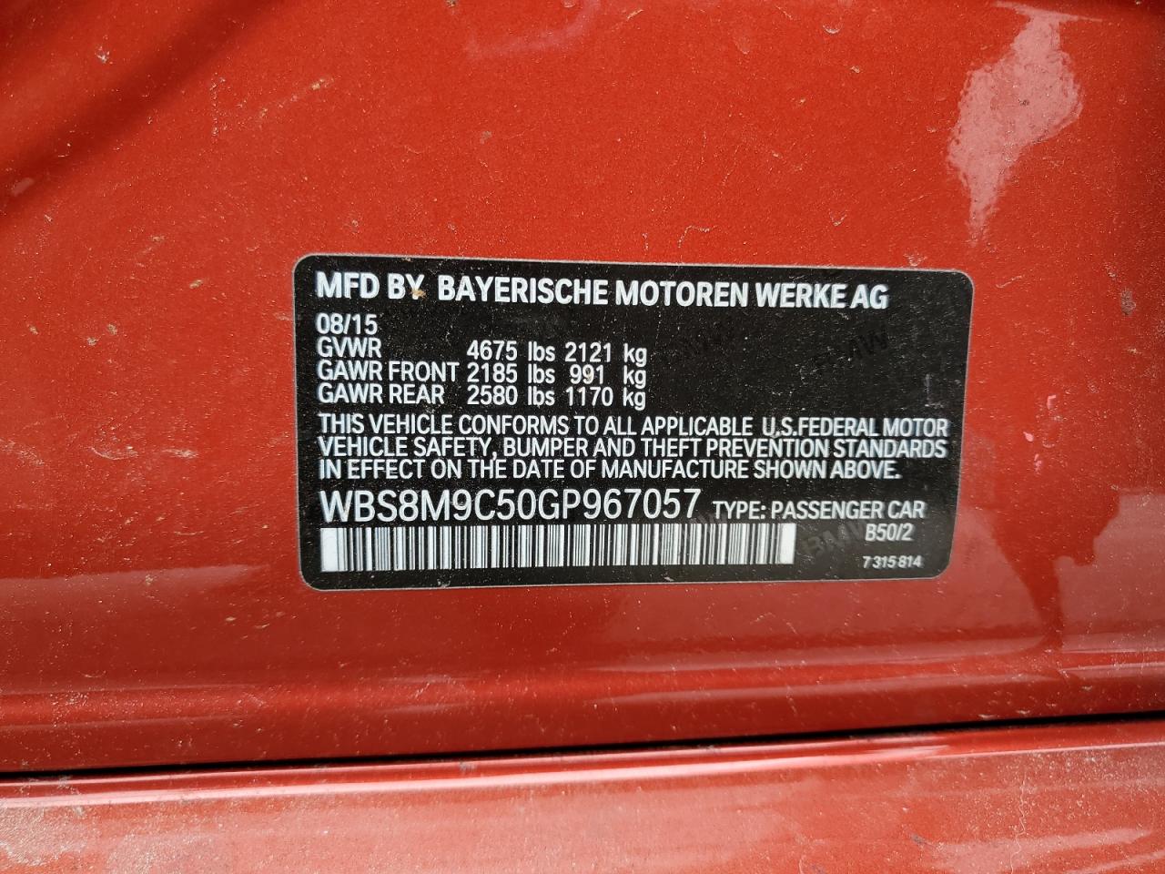 2016 BMW M3 VIN: WBS8M9C50GP967057 Lot: 61693265