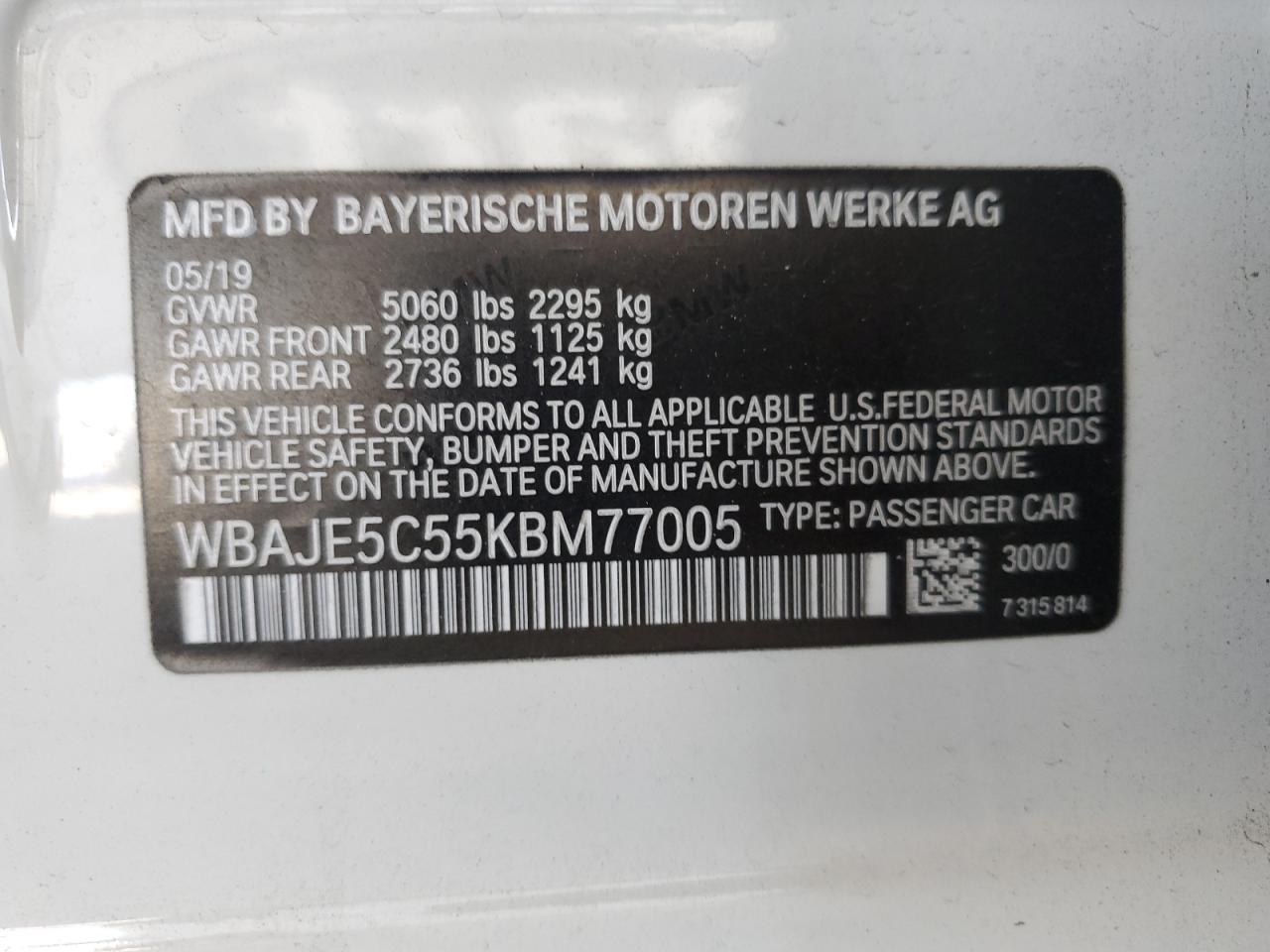 2019 BMW 540 I VIN: WBAJE5C55KBM77005 Lot: 61627295