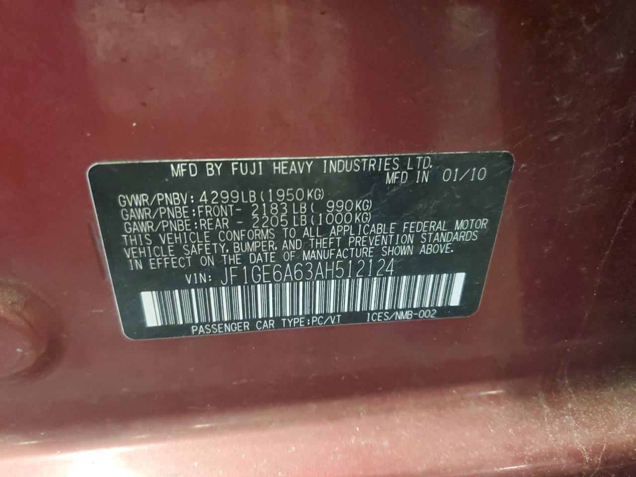 2010 Subaru Impreza 2.5I VIN: JF1GE6A63AH512124 Lot: 61635935