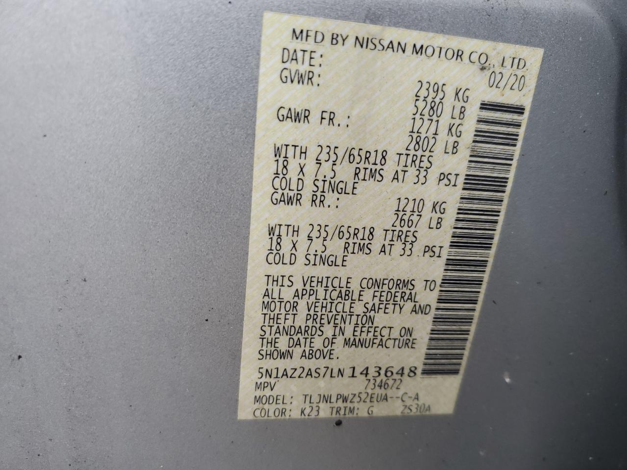 2020 Nissan Murano S VIN: 5N1AZ2AS7LN143648 Lot: 62716815