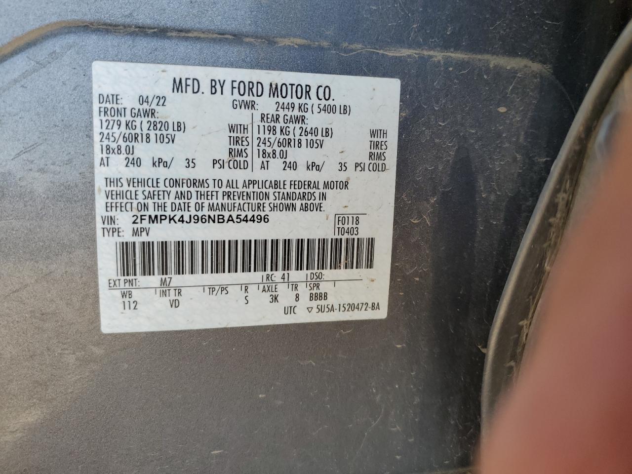 2022 Ford Edge Sel VIN: 2FMPK4J96NBA54496 Lot: 61052185