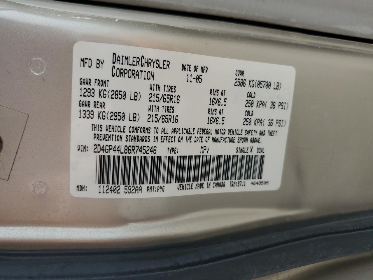2006 Dodge Grand Caravan Sxt VIN: 2D4GP44L86R745246 Lot: 62127855