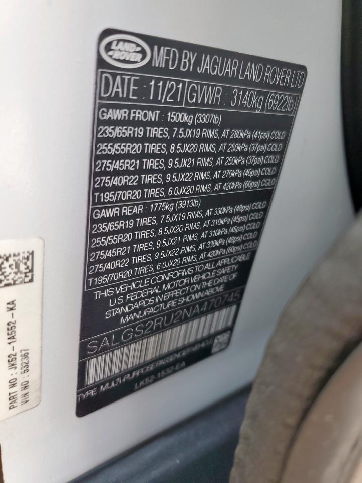 2022 Land Rover Range Rover Hse Westminster Editio VIN: SALGS2RU2NA470745 Lot: 61666765