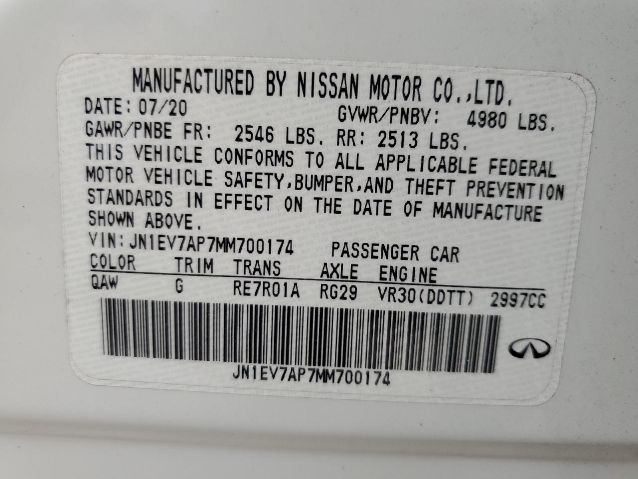 2021 Infiniti Q50 Pure VIN: JN1EV7AP7MM700174 Lot: 62968275