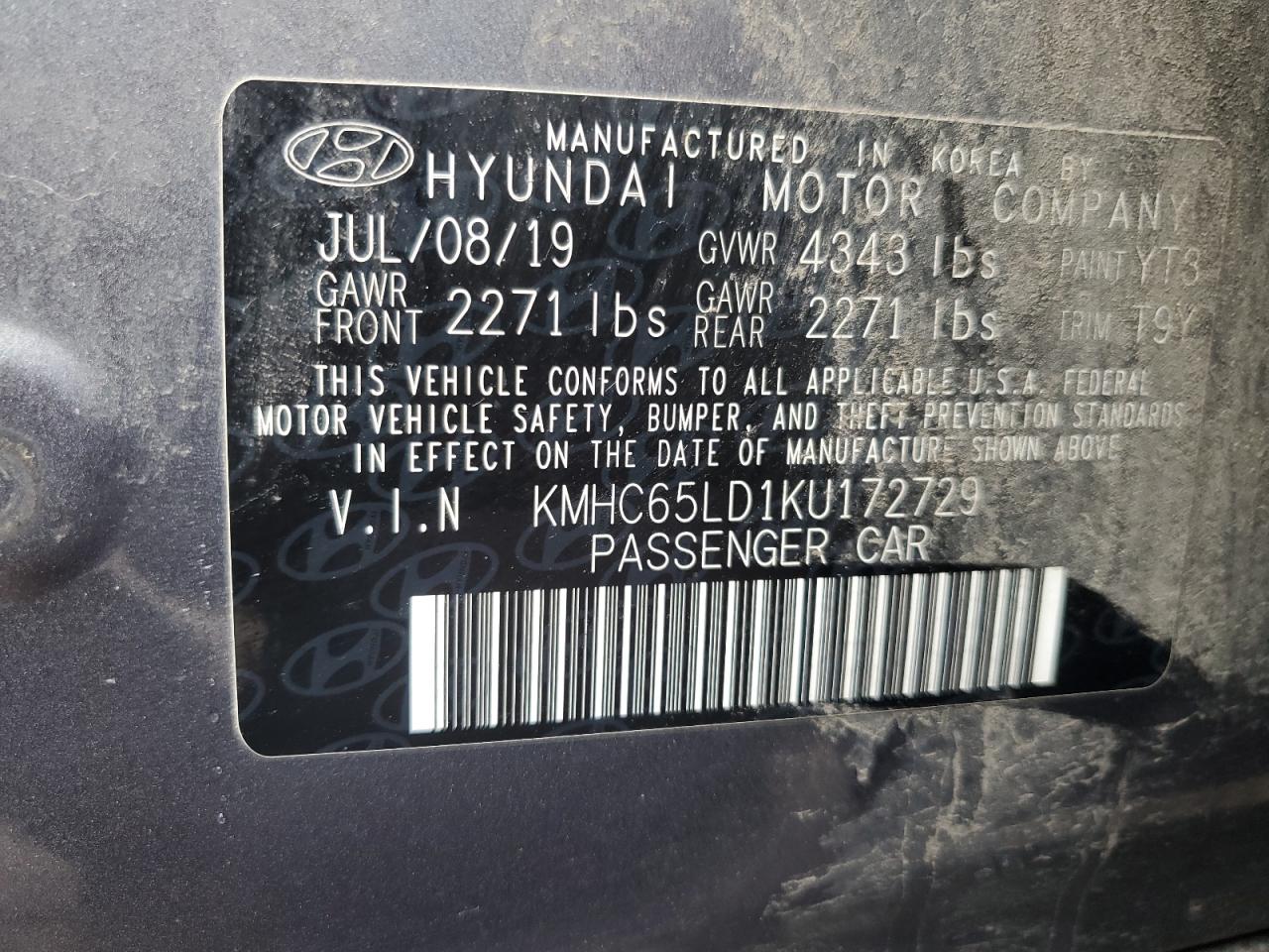 2019 Hyundai Ioniq VIN: KMHC65LD1KU172729 Lot: 61021015