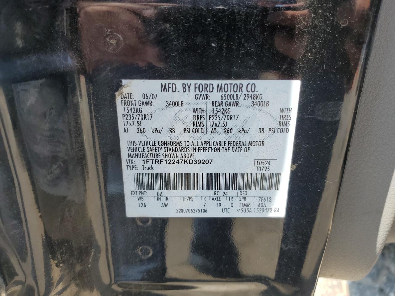 2007 Ford F150 VIN: 1FTRF12247KD39207 Lot: 61909005