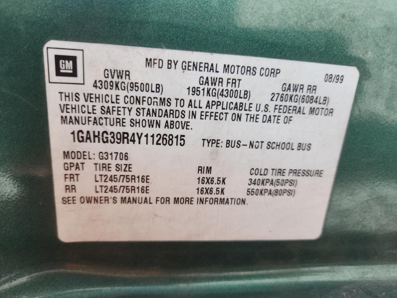 2000 Chevrolet Express G3500 VIN: 1GAHG39R4Y1126815 Lot: 59855515