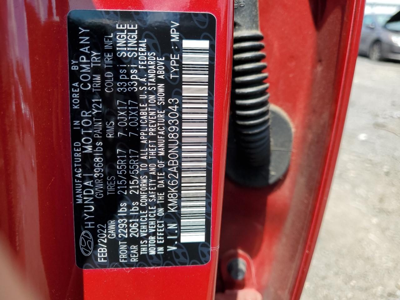 2022 Hyundai Kona Sel VIN: KM8K62AB0NU893043 Lot: 62790075