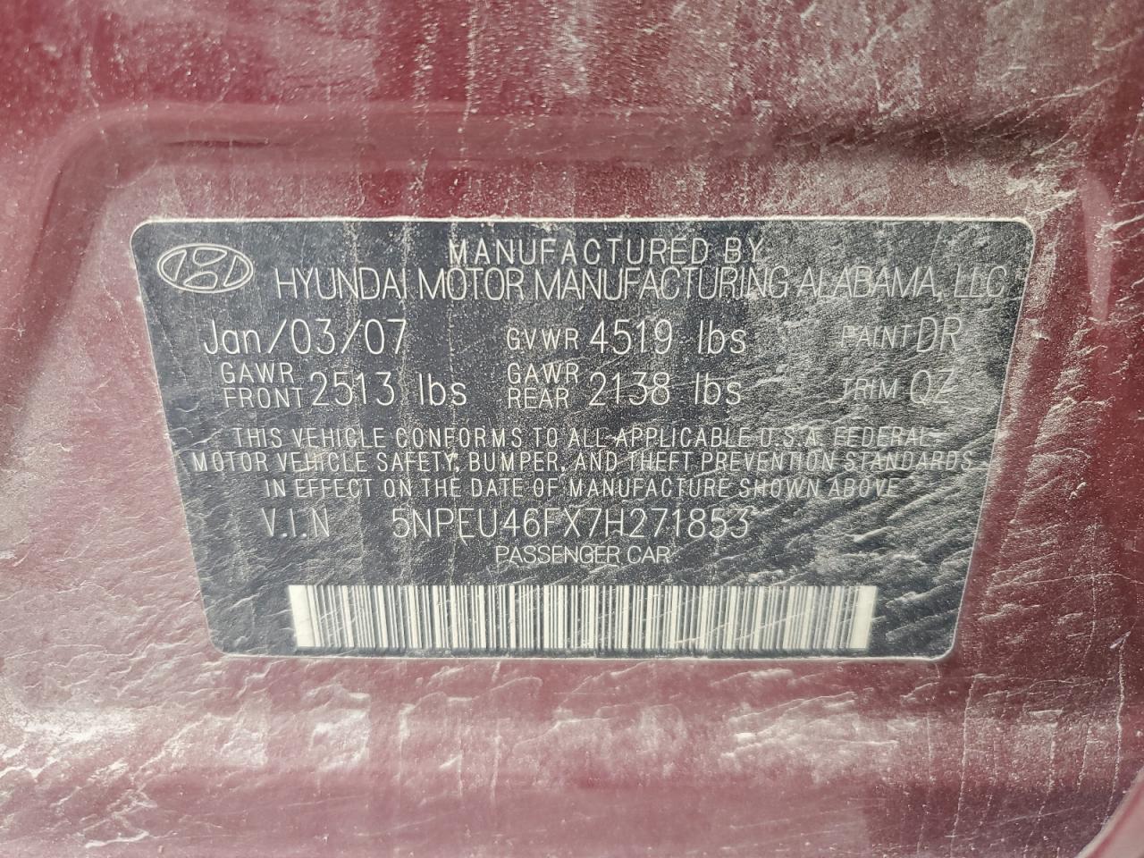 2007 Hyundai Sonata Se VIN: 5NPEU46FX7H271853 Lot: 62705545