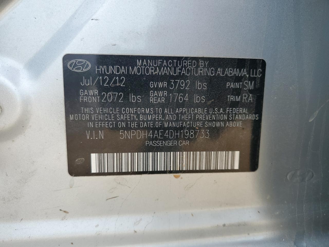 HYUNDAI ELANTRA 2013 VIN 5NPDH4AE4DH198733 фото 12
